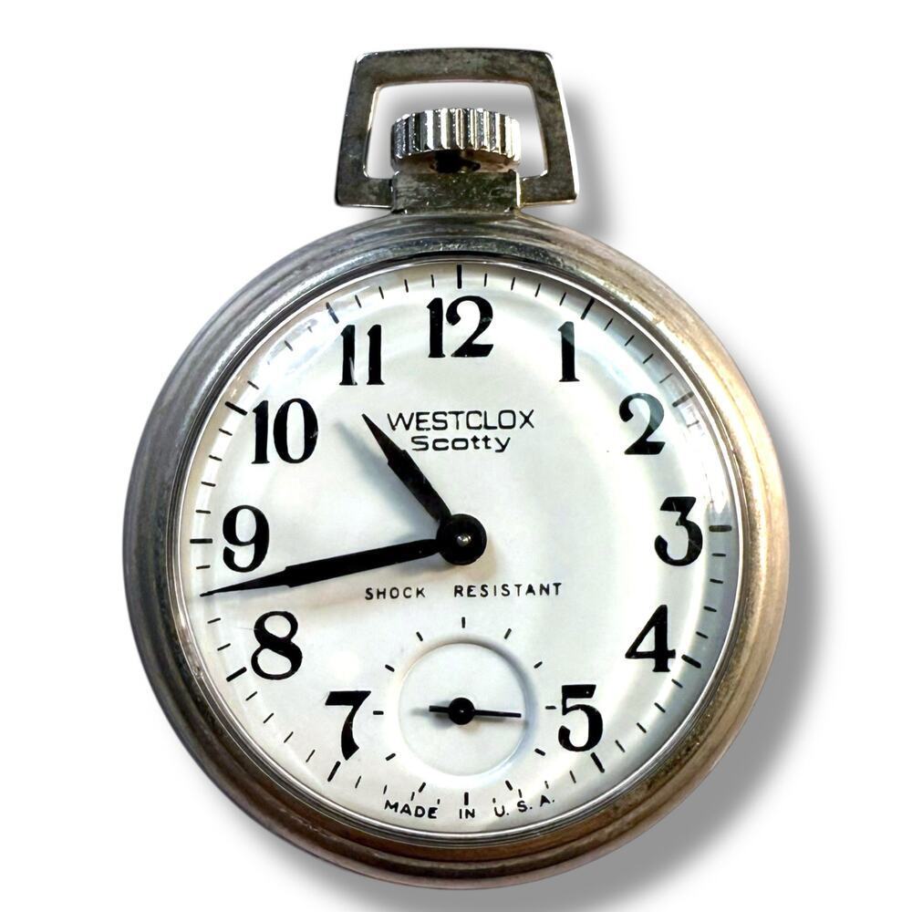 VTG Westclox Scotty Pocket Watch Stainless Steel Enamel Dial Sub Seconds WORKS